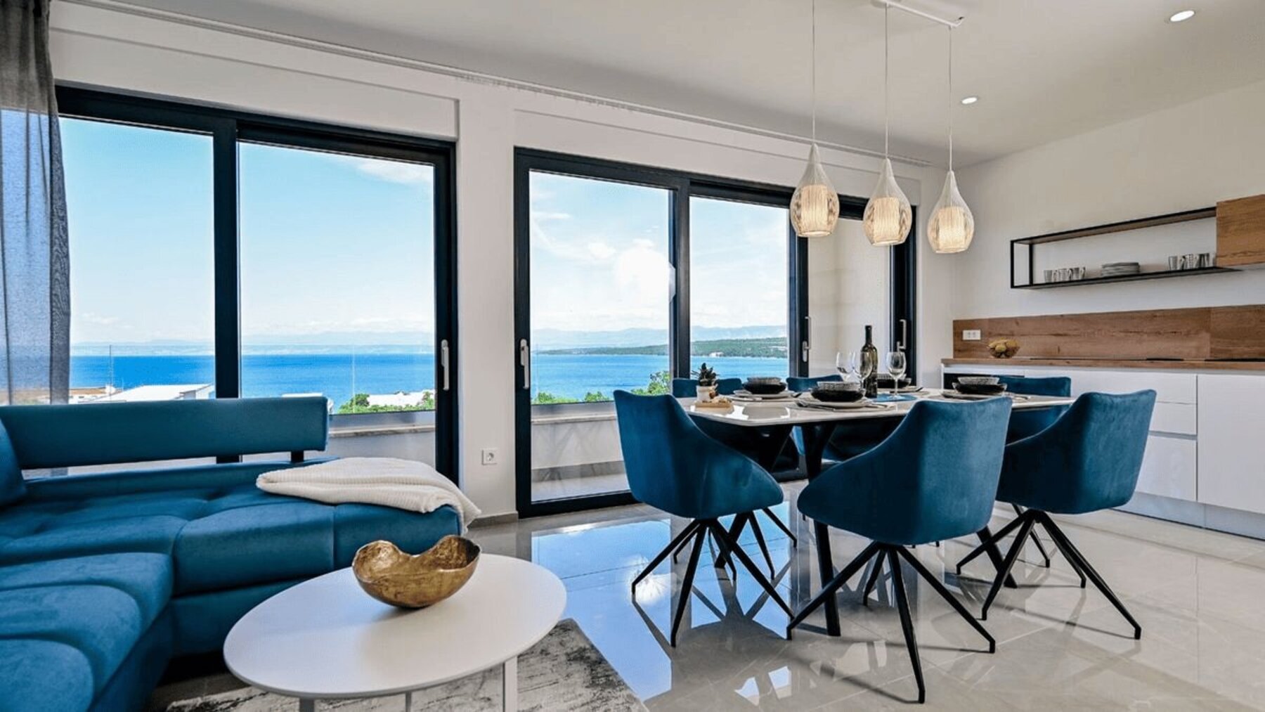 Luxury apartment interior in Croatia with panoramic sea view and modern furnishings