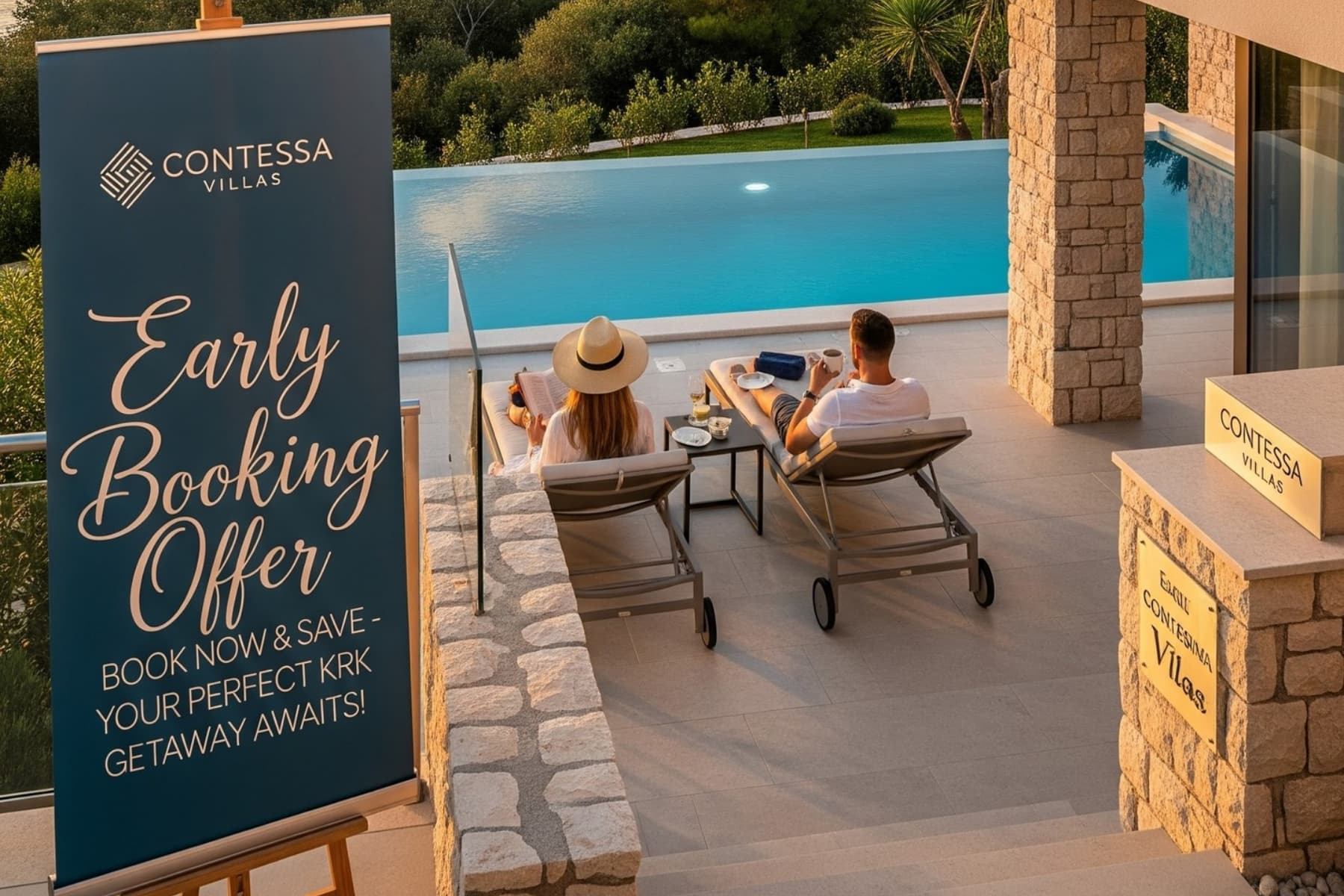 Couple relaxing by infinity pool with early booking sign at Contessa Villas property