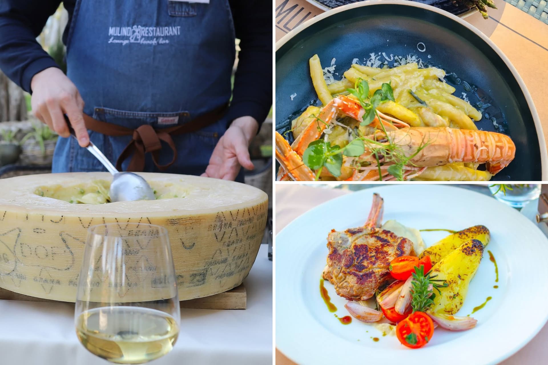 Restaurant Mulino dishes in Malinska, including seafood pasta, grilled meat and tableside preparation